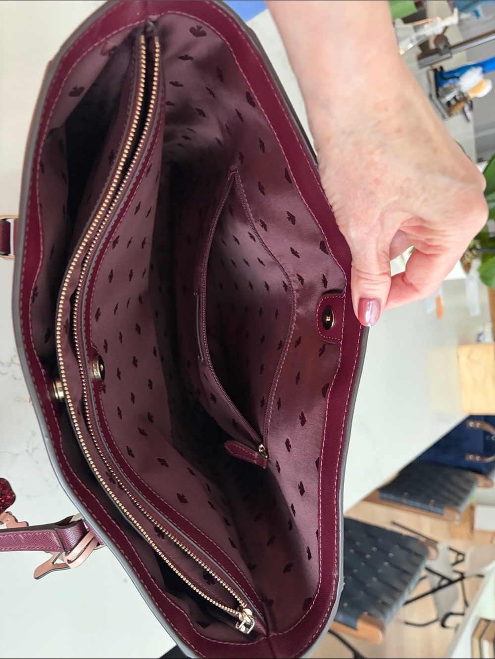 kate spade Burgundy Saffiano Leather Tote with Floral Charm - Picture 8 of 11